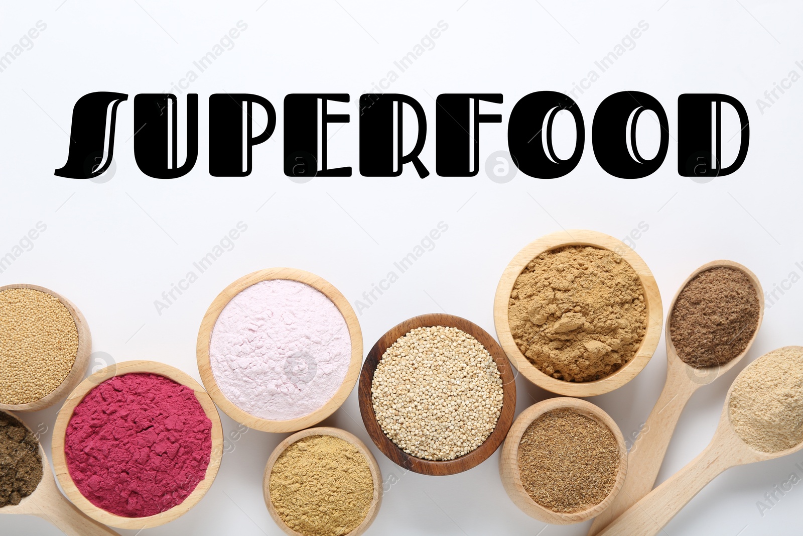 Superfood. Different powders and raw quinoa on white background, flat lay Image of Superfood. Different powders and raw quinoa on white background, flat lay