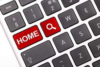 Image of Online accommodation search. Buttons with magnifying glass icon and word Home on computer keyboard, closeup