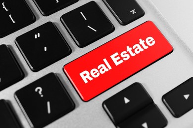 Image of Online accommodation search. Button with words Real Estate on computer keyboard, closeup
