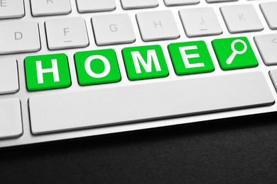 Image of Online accommodation search. Buttons with magnifying glass icon and word Home on computer keyboard, closeup