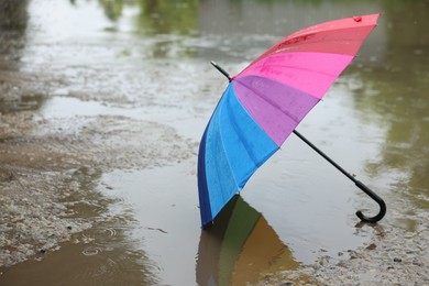 Photo of Colorful umbrella on wet asphalt under heavy rain. Space for text