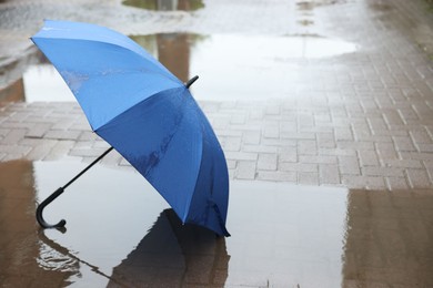 Photo of Blue umbrella on wet asphalt outdoors, space for text
