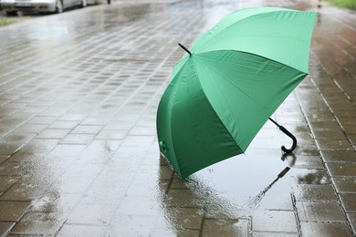 Photo of Green umbrella on wet asphalt under heavy rain. Space for text