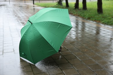 Photo of Green umbrella on wet asphalt under heavy rain, space for text