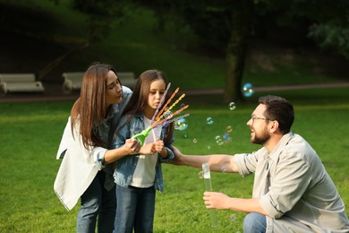 Photo of Happy family blowing soap bubbles in park