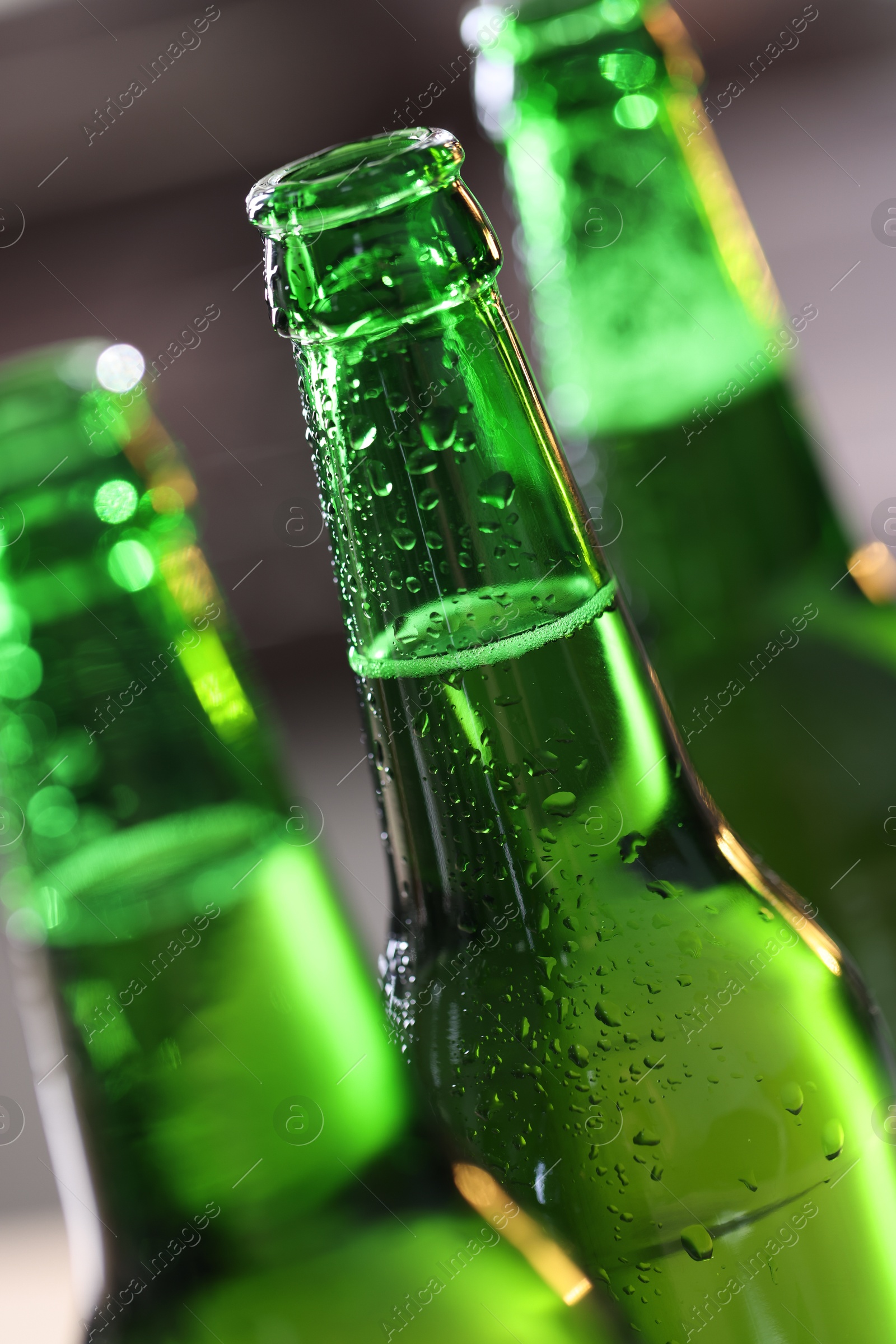 Bottles of beer on blurred grey background, macro view Photo of Bottles of beer on blurred grey background, macro view