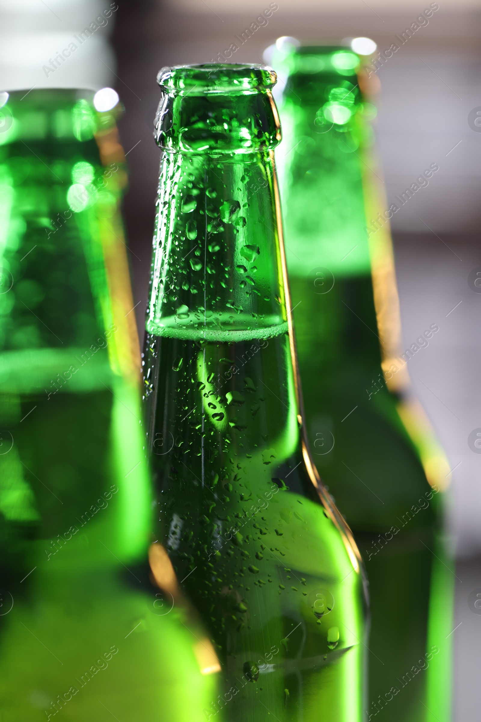 Bottles of beer on blurred grey background, macro view Photo of Bottles of beer on blurred grey background, macro view