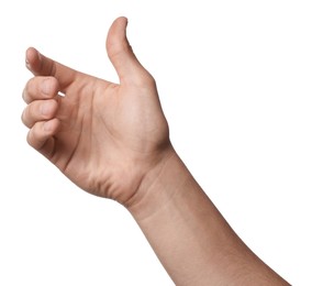 Photo of Man holding something on white background, closeup