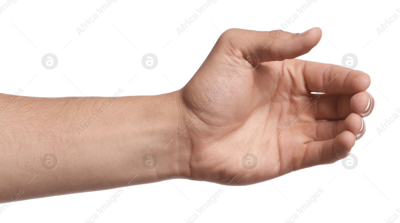 Man holding something on white background, closeup Photo of Man holding something on white background, closeup