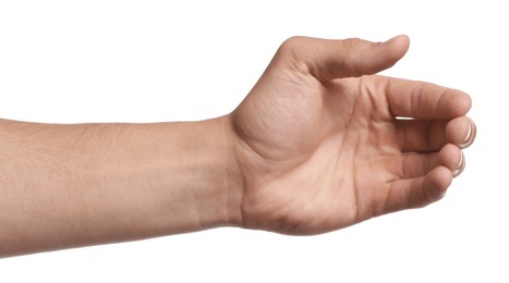 Photo of Man holding something on white background, closeup