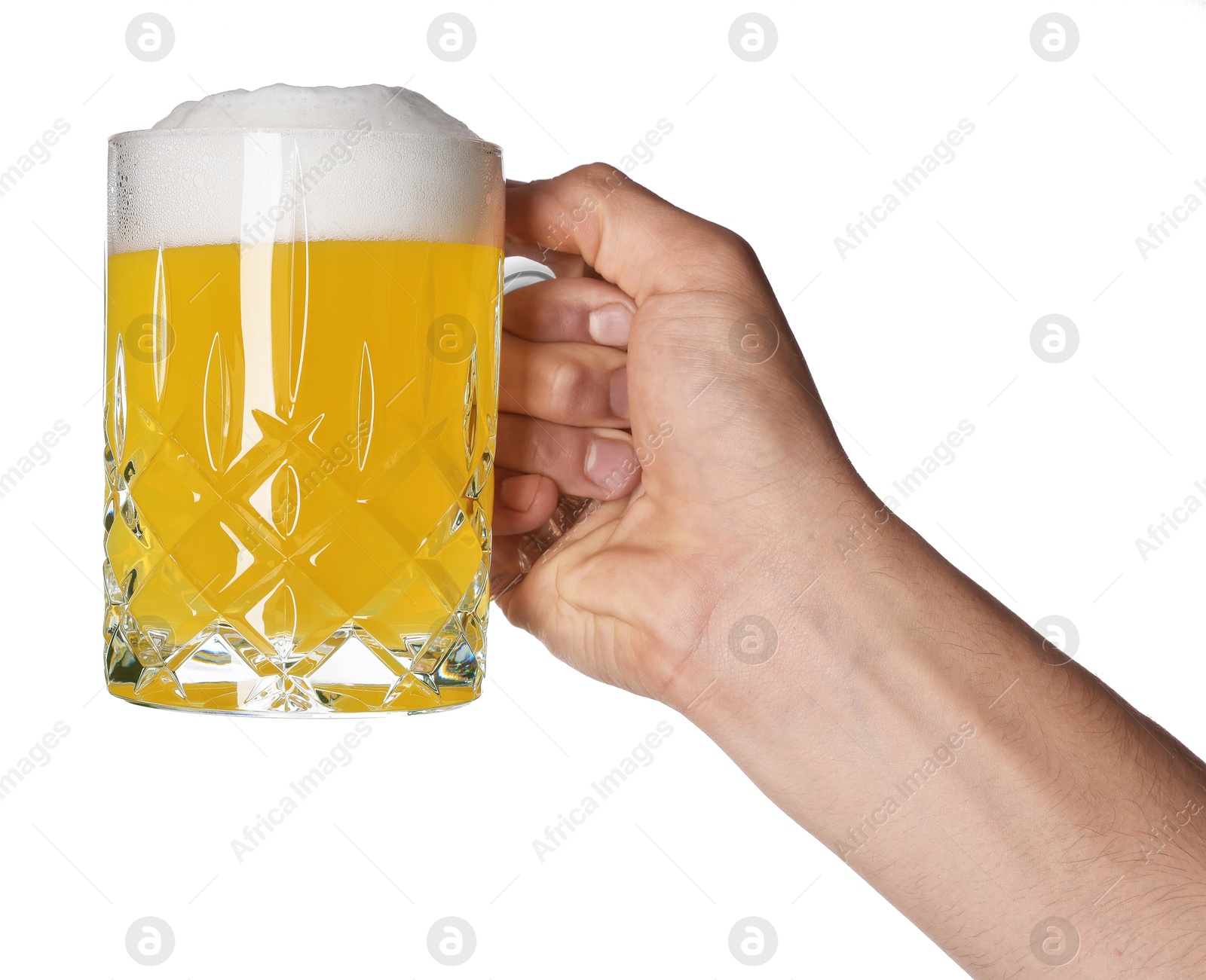 Man with glass mug of tasty beer on white background, closeup Photo of Man with glass mug of tasty beer on white background, closeup