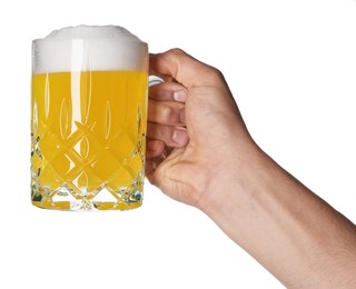 Photo of Man with glass mug of tasty beer on white background, closeup