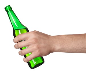 Photo of Man with bottle of tasty beer on white background, closeup