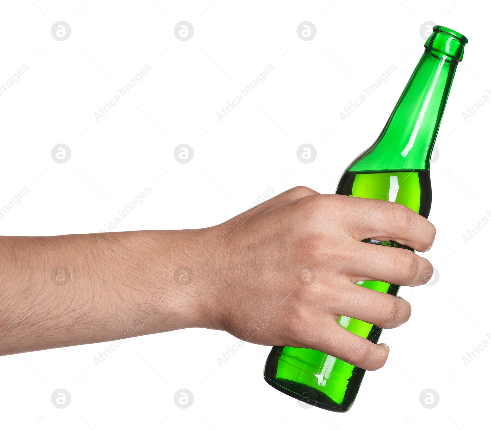 Man with bottle of tasty beer on white background, closeup Photo of Man with bottle of tasty beer on white background, closeup