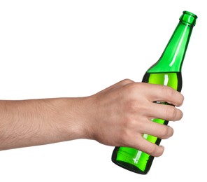 Photo of Man with bottle of tasty beer on white background, closeup