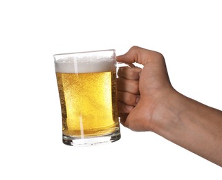 Photo of Man with glass mug of tasty beer on white background, closeup