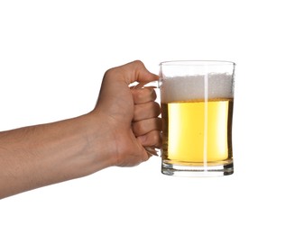 Photo of Man with glass mug of tasty beer on white background, closeup