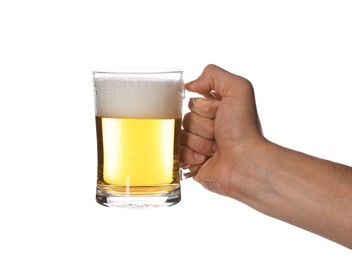 Photo of Man with glass mug of tasty beer on white background, closeup