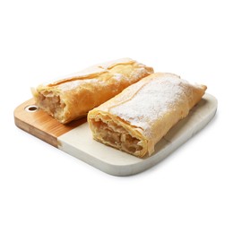Photo of Tasty apple strudels with powdered sugar isolated on white