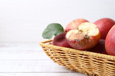 Photo of Spoiled apple and good ones in basket on white wooden table, closeup. Space for text