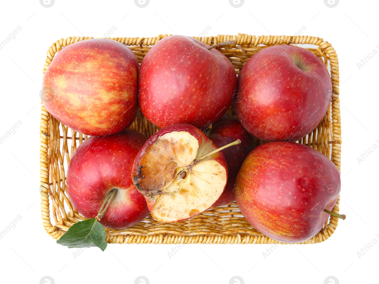 Spoiled apple and good ones in basket isolated on white, top view Photo of Spoiled apple and good ones in basket isolated on white, top view