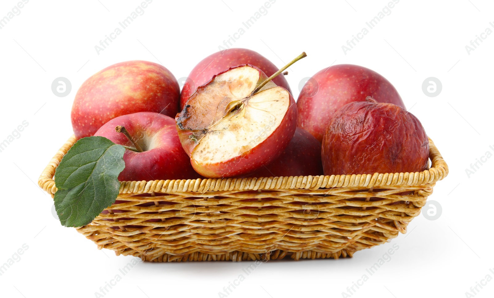 Spoiled apple and good ones in basket isolated on white Photo of Spoiled apple and good ones in basket isolated on white