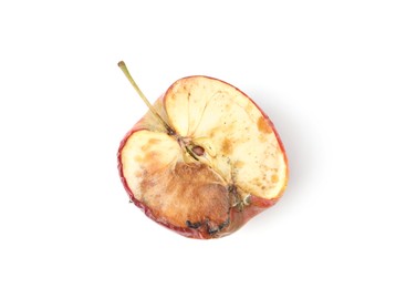 Photo of Piece of spoiled apple isolated on white, top view