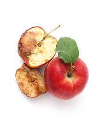 Photo of Spoiled and good apples isolated on white, top view