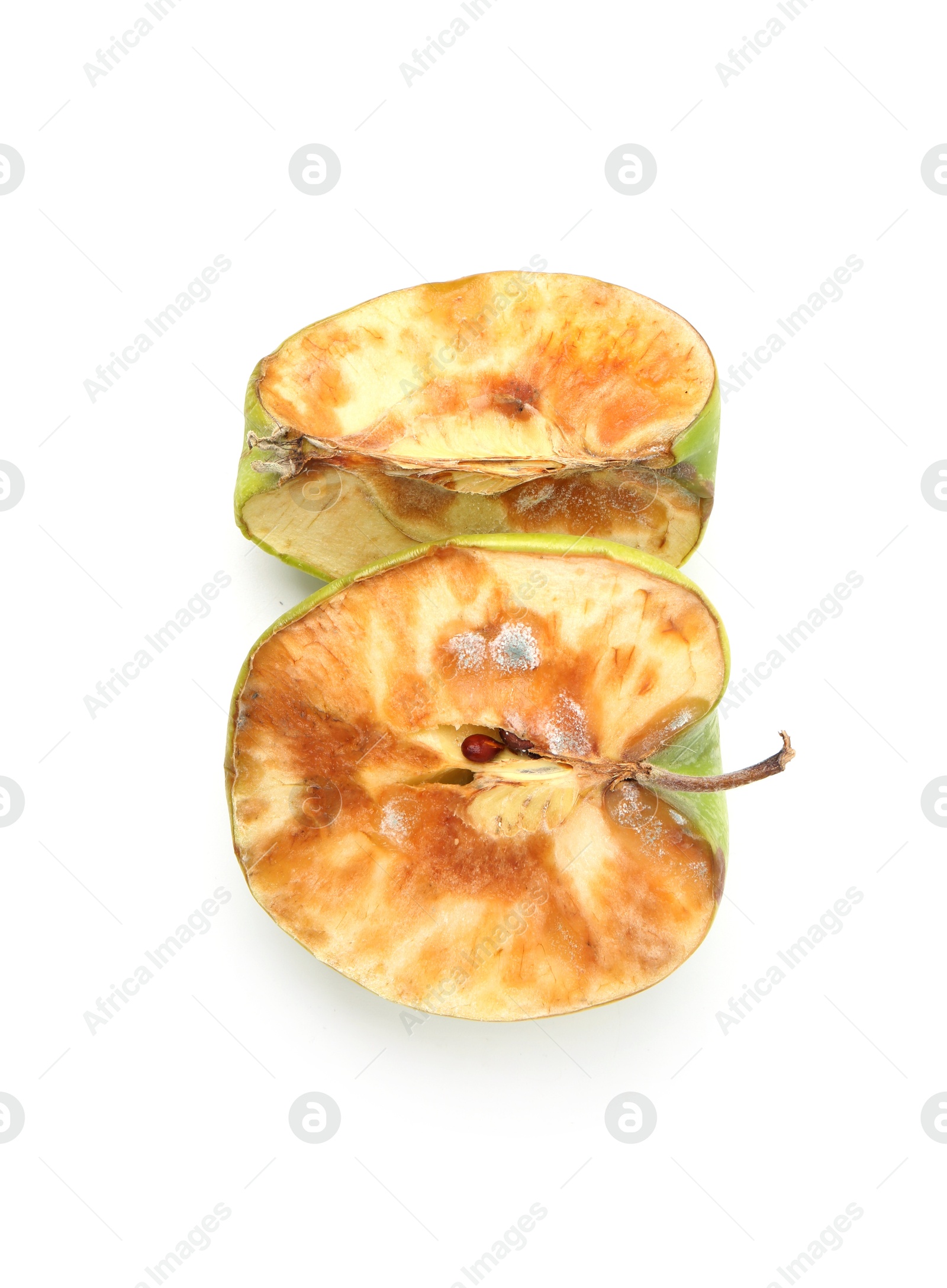 Pieces of spoiled apple isolated on white, top view Photo of Pieces of spoiled apple isolated on white, top view