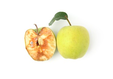 Photo of Spoiled and good apples isolated on white, top view