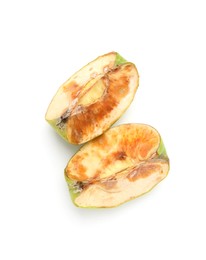 Photo of Pieces of spoiled apple isolated on white, top view