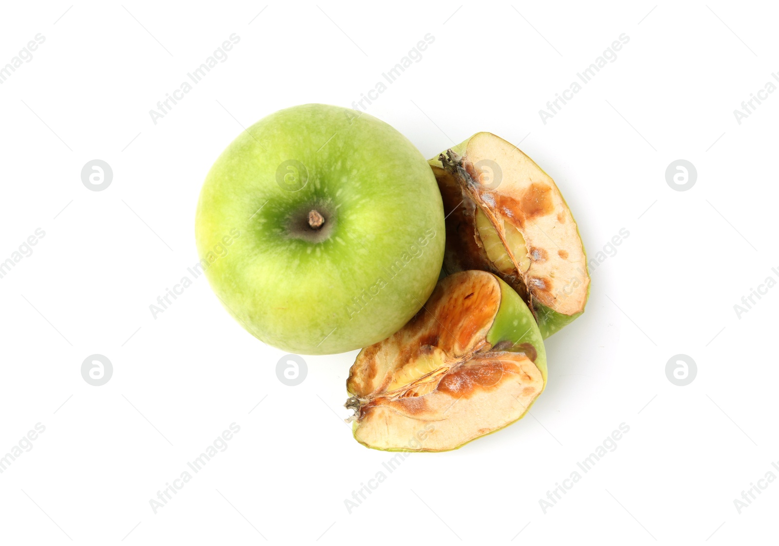 Spoiled and good apples isolated on white, top view Photo of Spoiled and good apples isolated on white, top view