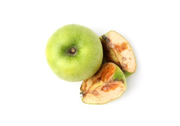 Photo of Spoiled and good apples isolated on white, top view