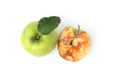 Photo of Spoiled and good apples isolated on white, top view