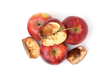 Photo of Spoiled apple and good ones isolated on white, top view