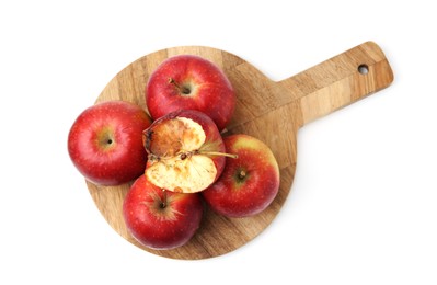 Photo of Spoiled apple and good ones isolated on white, top view