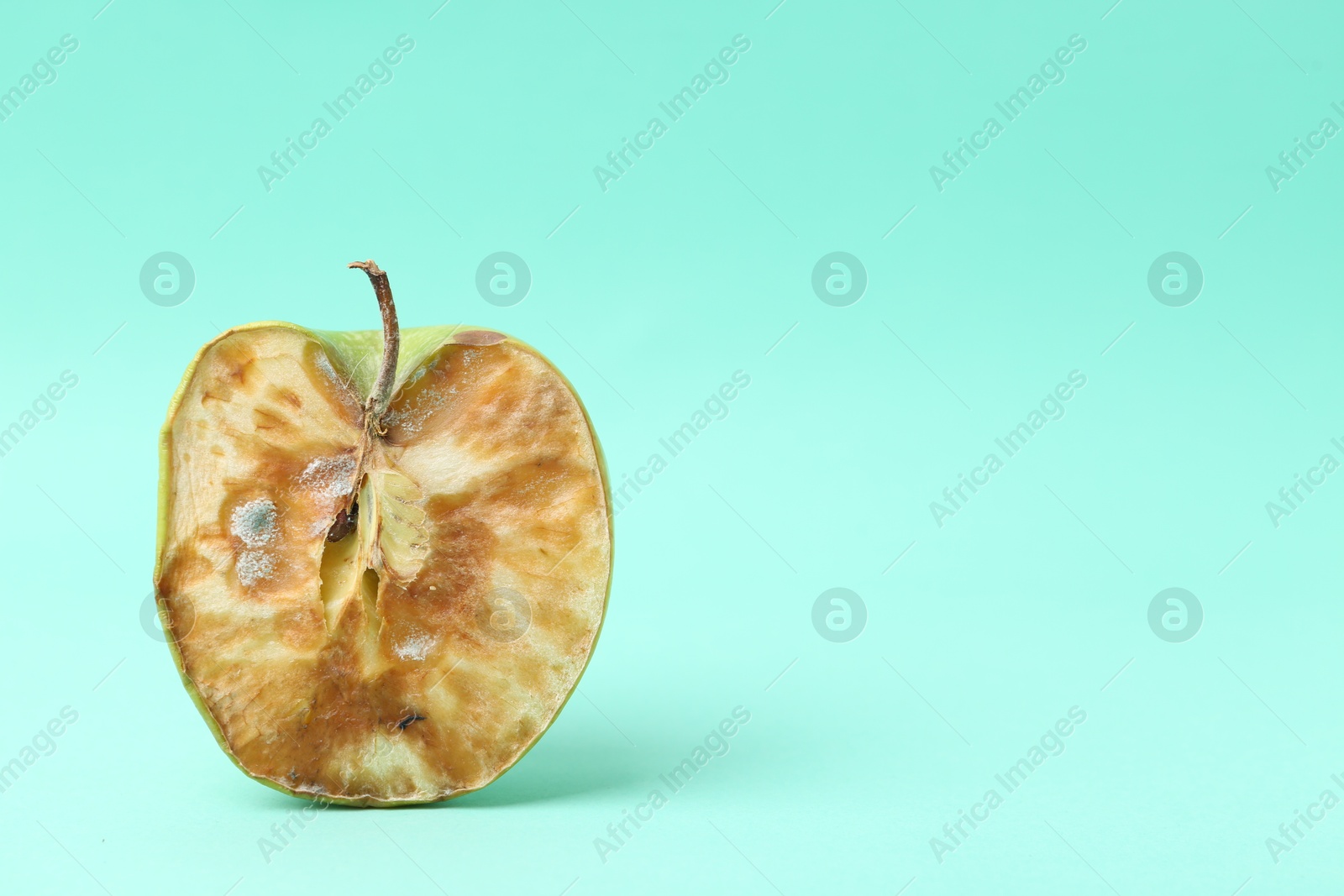 Half of spoiled apple on turquoise background. Space for text Photo of Half of spoiled apple on turquoise background. Space for text