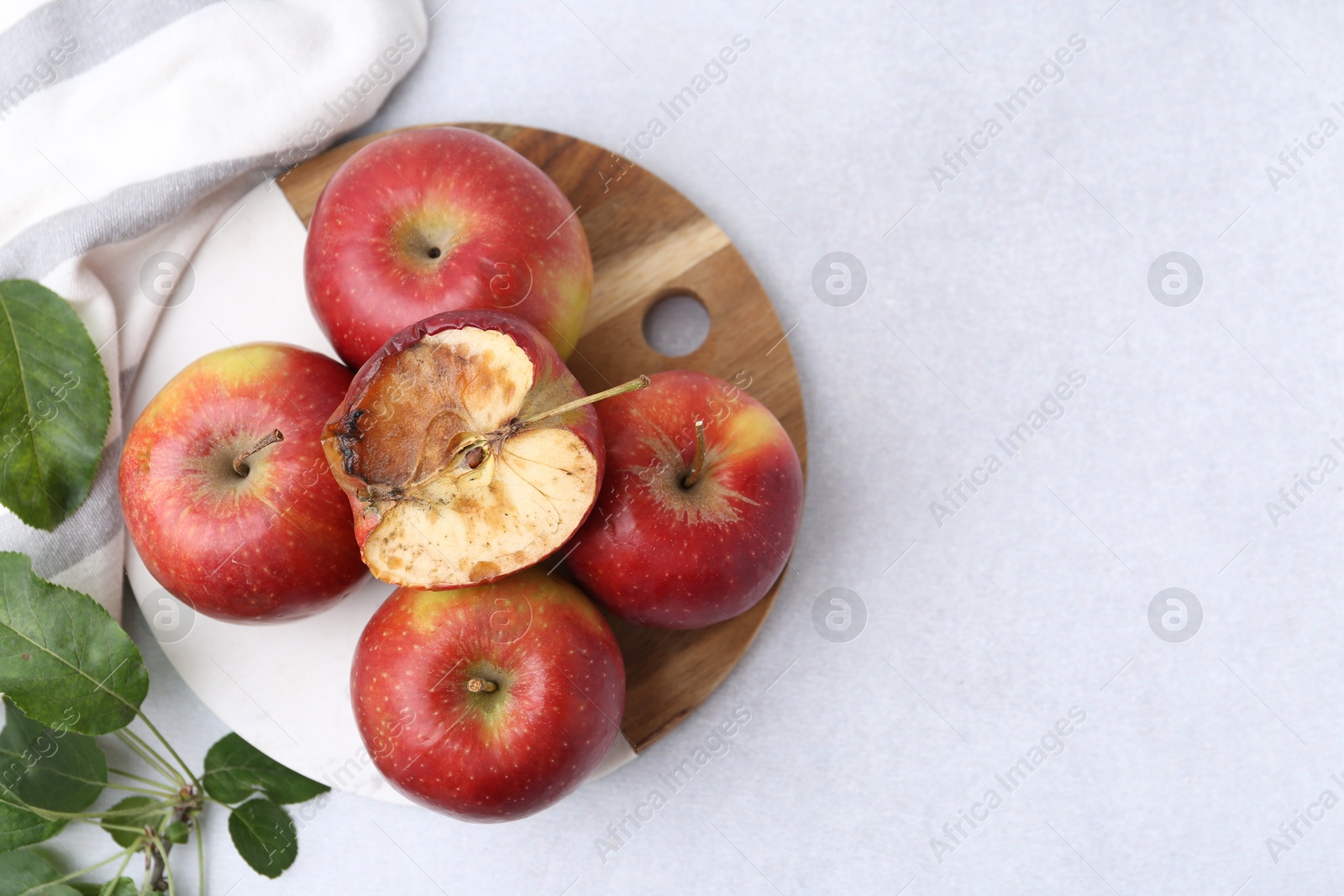 Spoiled apple and good ones on white table, flat lay. Space for text Photo of Spoiled apple and good ones on white table, flat lay. Space for text