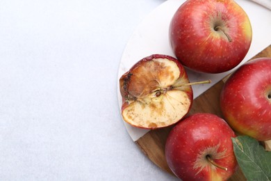 Photo of Spoiled apple and good ones on white table, top view. Space for text