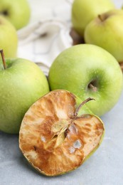 Photo of Spoiled apple and good ones on grey table, closeup