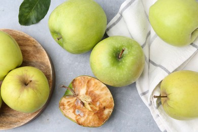 Photo of Spoiled apple and good ones on grey table, flat lay