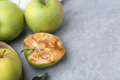 Photo of Spoiled apple and good ones on grey table, closeup. Space for text