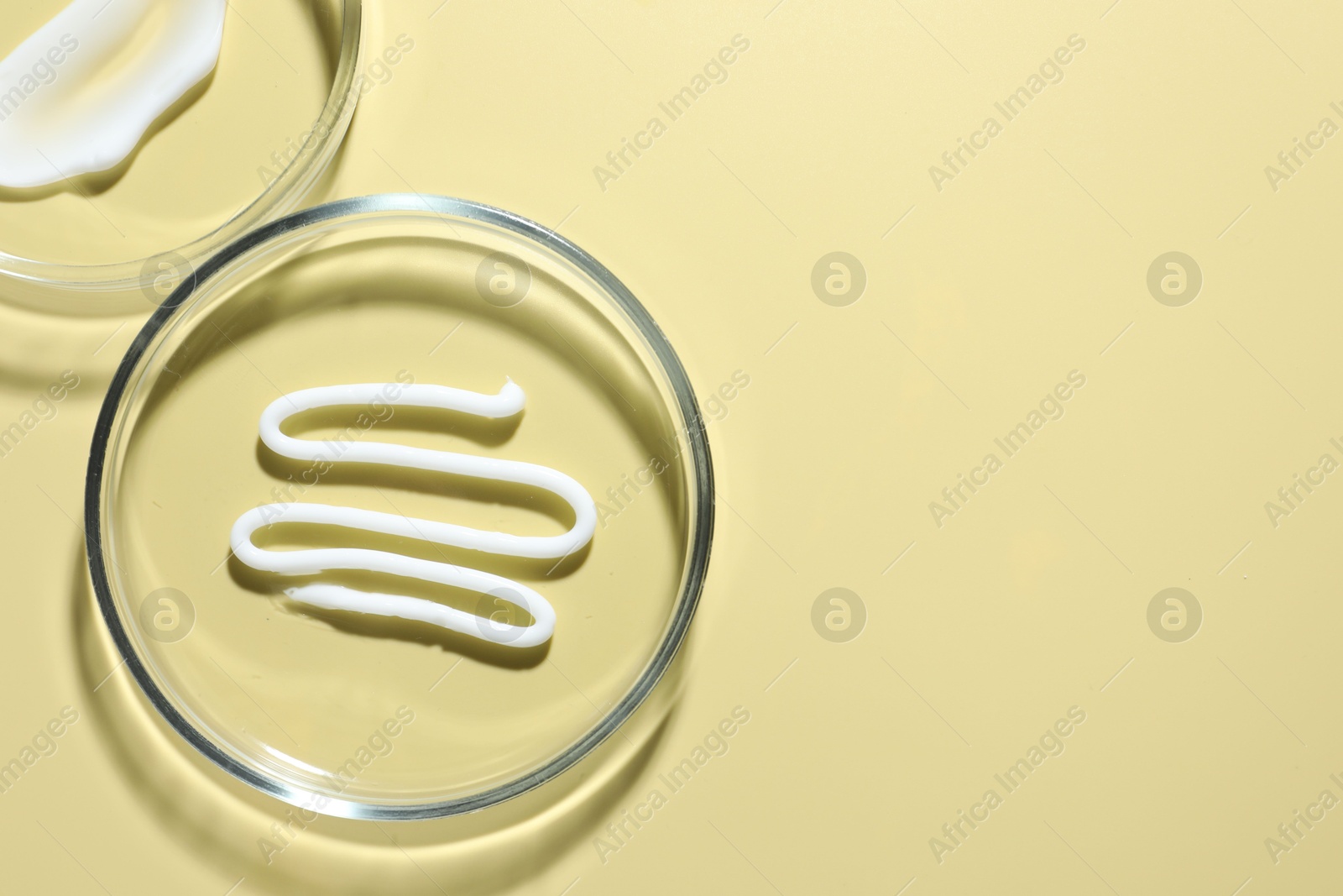 Different cosmetic products in Petri dishes on pale yellow background, flat lay. Space for text Photo of Different cosmetic products in Petri dishes on pale yellow background, flat lay. Space for text