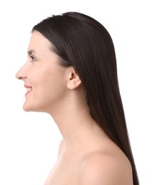 Photo of Portrait of beautiful brunette woman on white background