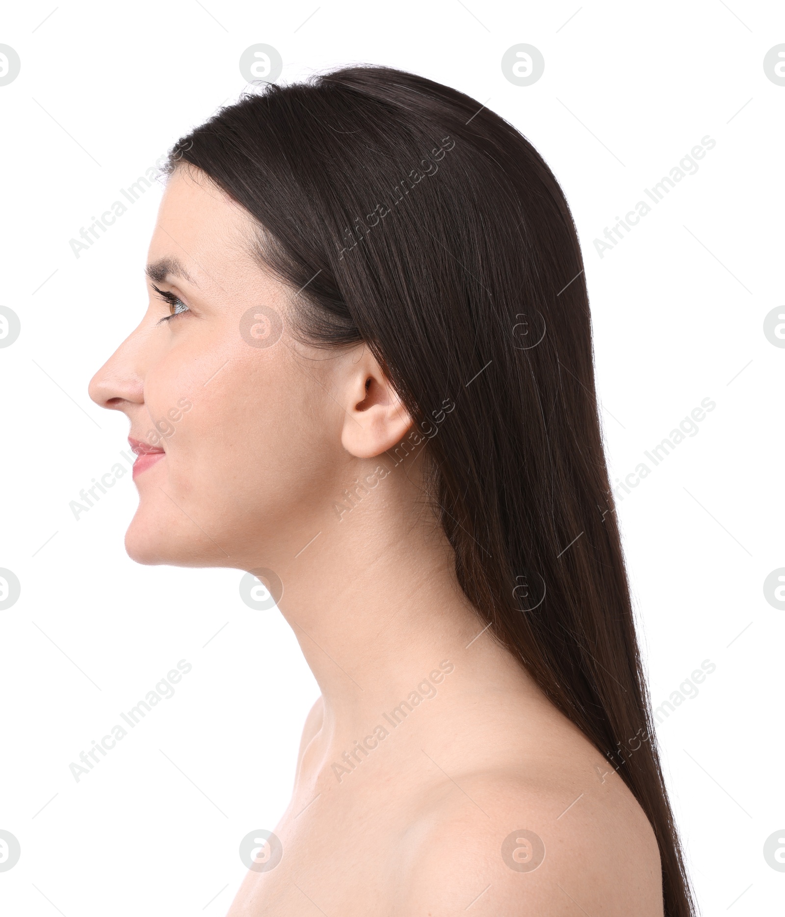 Photo of Portrait of beautiful brunette woman on white background