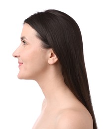 Photo of Portrait of beautiful brunette woman on white background