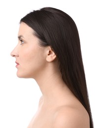 Photo of Portrait of beautiful brunette woman on white background