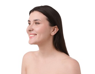 Photo of Portrait of beautiful brunette woman on white background