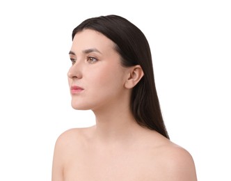 Photo of Portrait of beautiful brunette woman on white background