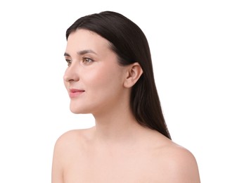 Photo of Portrait of beautiful brunette woman on white background